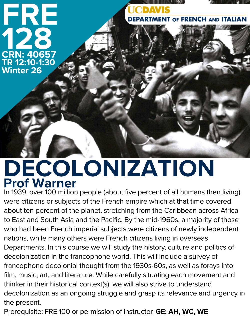 A flyer for FRE 128 with a black and white photo of a crowd celebrating.