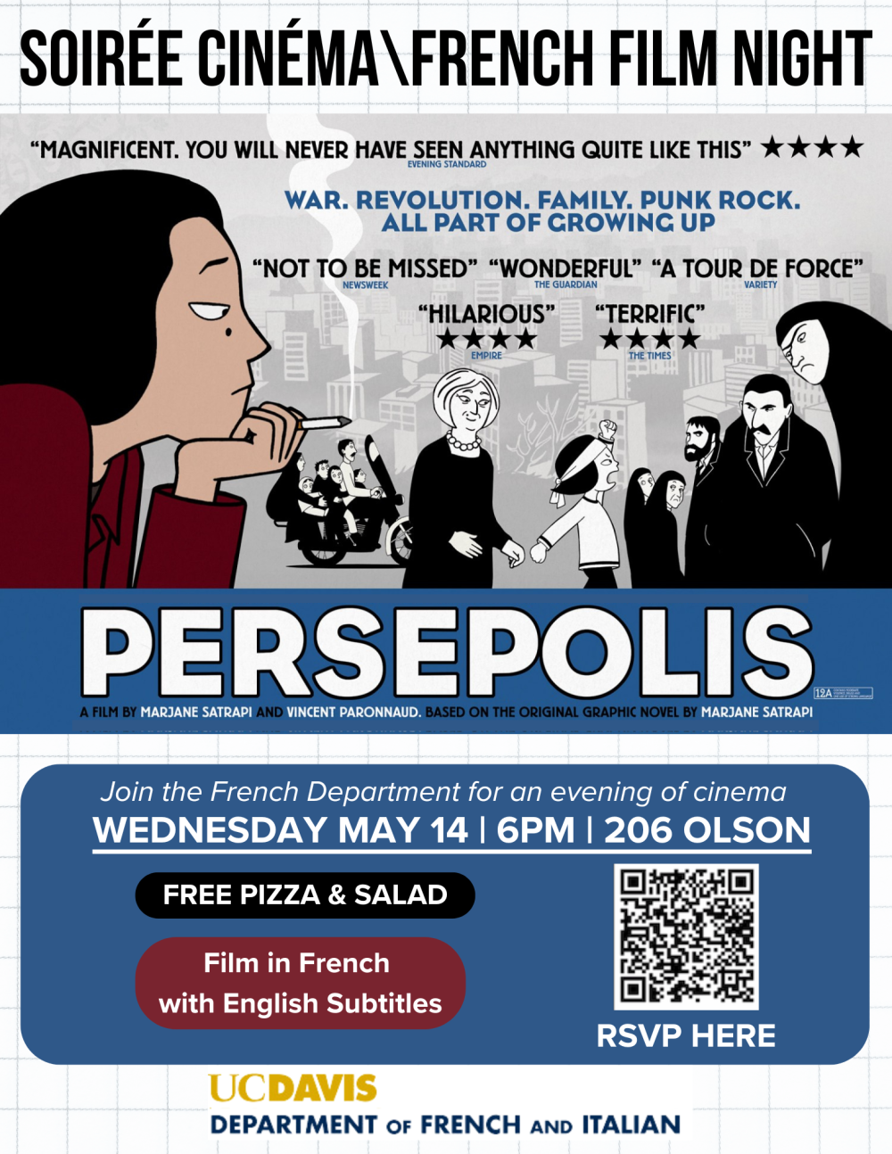 A flyer for french film night, with art for Persepolis