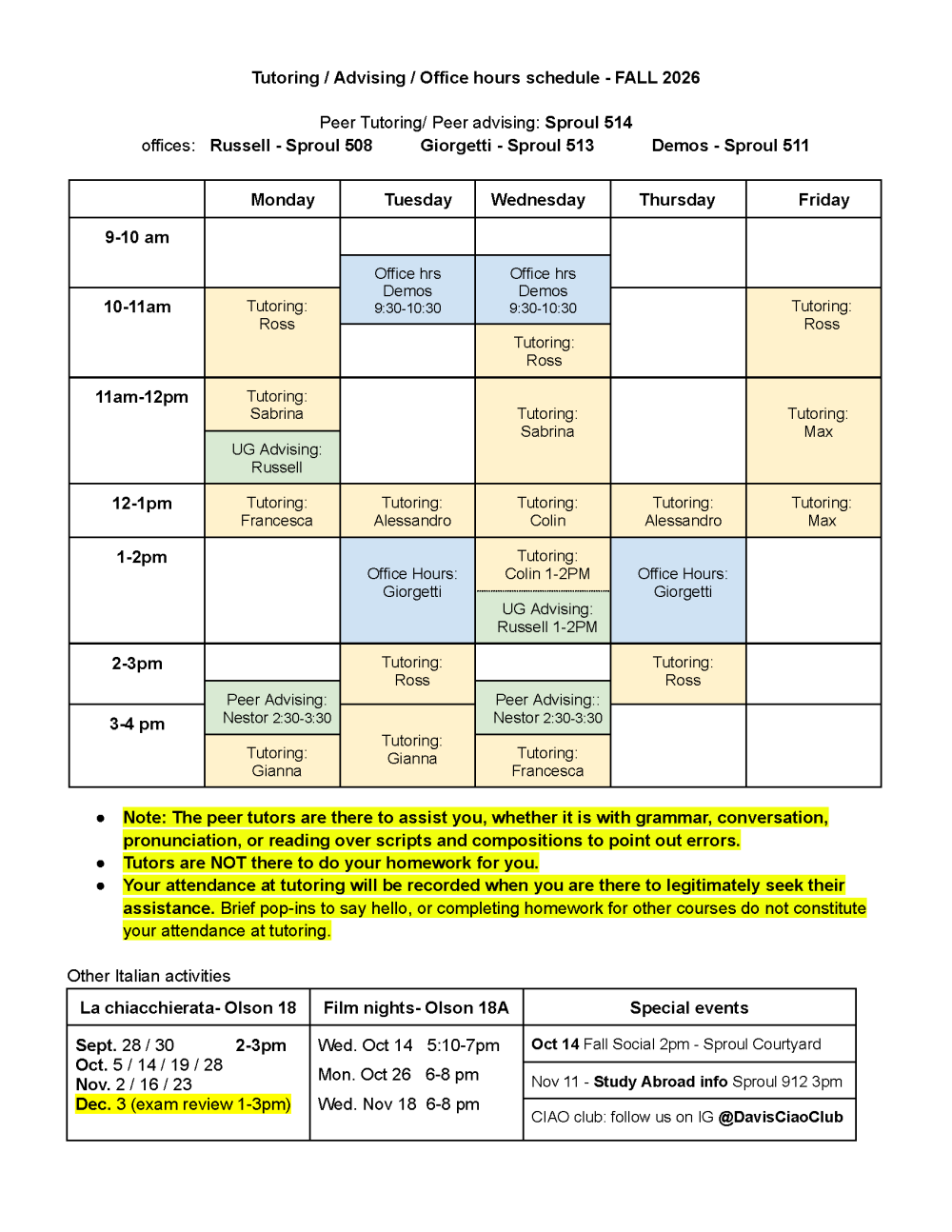 Weekly tutoring schedule graphic table with colored time slots and footnotes
