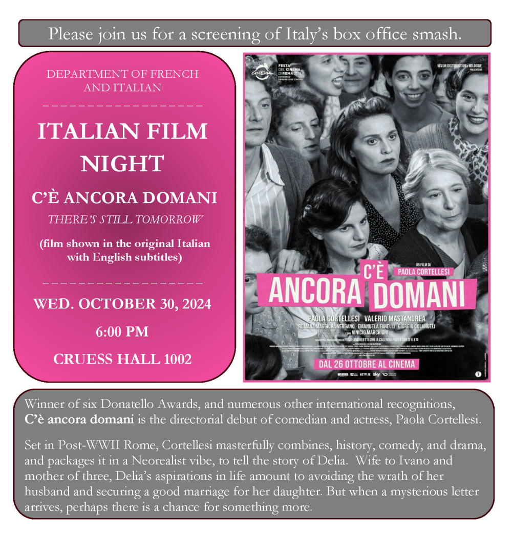 A flyer for the upcoming event, text on pink and gray boxes. a movie poster with a black and white photo of women in a crowd, one looks concerned