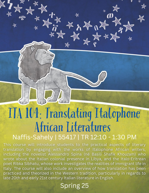 A flyer for ITA 104. A drawing of a lion on a green field under a blue sky of stars.