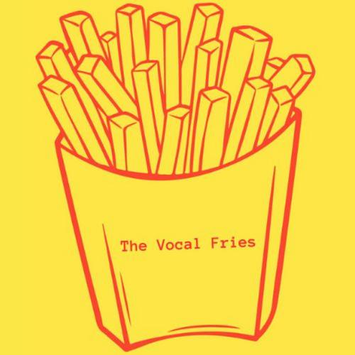 A red line drawing of french fries on a yellow background